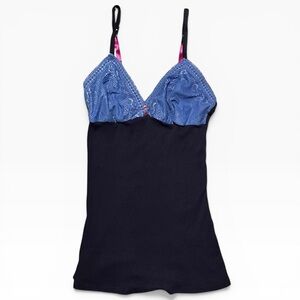 Y2K Flirtitude Lace Cami Babydoll Top Navy Blue Purple Straps Buttons Size M